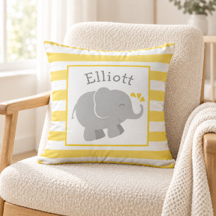 Moderne Gele en Grijze Olifant Monogram Kussen