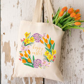 Moderne gele en groene lentbloemen blij tote bag