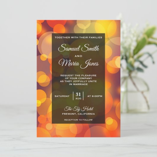 Moderne Gele en Oranje Bokeh Huwelijksuitnodiging Kaart (Staand voorkant)