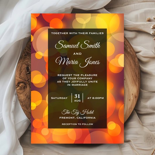 Moderne Gele en Oranje Bokeh Huwelijksuitnodiging Kaart