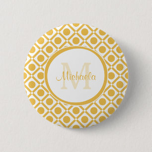 Moderne Gele en Witte Geometrische Monogramnaam Ronde Button 5,7 Cm