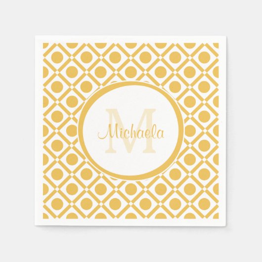 Moderne Gele en Witte Geometrische Monogramnaam Servet (Voorkant)
