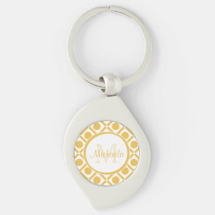 Moderne Gele en Witte Geometrische Monogramnaam Sleutelhanger