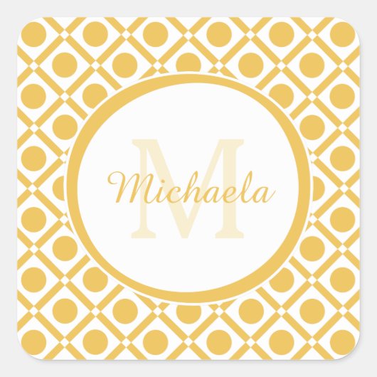 Moderne Gele en Witte Geometrische Monogramnaam Vierkante Sticker (Voorkant)
