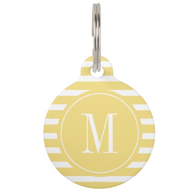 Moderne Gele en Witte Streep met Monogram Huisdierpenning (Voorkant)