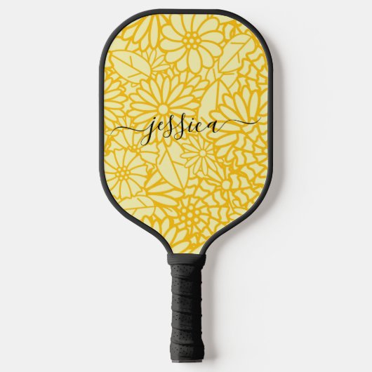 Moderne gele florale scriptnaam pickleball paddle (Voorkant)