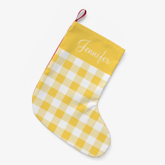 Moderne Gele Gingham Plaid Patroon Naam Kleine Kerstsok (Voorkant (Hangend))