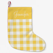 Moderne Gele Gingham Plaid Patroon Naam Kleine Kerstsok (Voorkant)