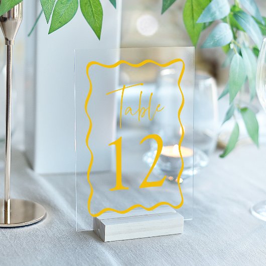 Moderne Gele Golvende Frame Acryl Tafel Nummers Uitnodigingen
