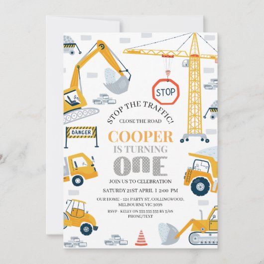 Moderne gele grijze bouw 1e verjaardag  kaart (Voorkant)