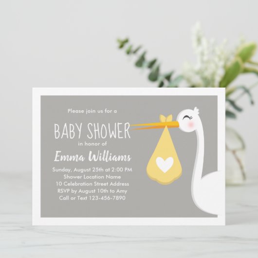 Moderne gele grijze ooievaar vogel | Cute babyshow Kaart (Staand voorkant)