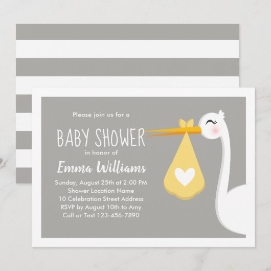 Moderne gele grijze ooievaar vogel | Cute babyshow Kaart (Voorkant / Achterkant)