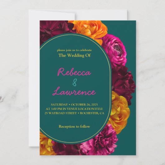 Moderne gele hete roze groene bloemenbruiloft kaart (Voorkant)