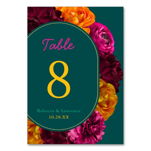 Moderne gele hete roze groene bloemenbruiloft kaart (Achterkant)