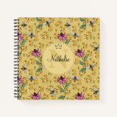 Moderne gele koningin bij & bloemen monogram notitieboek (Voorkant)