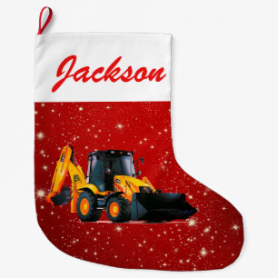 Moderne Gele Lader Tractor op Rood Grote Kerstsok