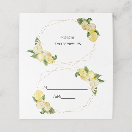 Moderne gele leemons en gouden Lijst Plaatskaartje (Buitenkant ongevouwen)