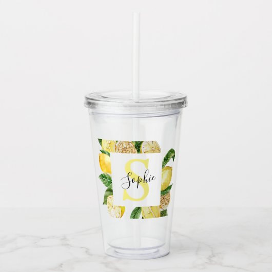 Moderne gele leemons Lijst en bladeren met naam Acryl Drinkbeker (Voorkant)