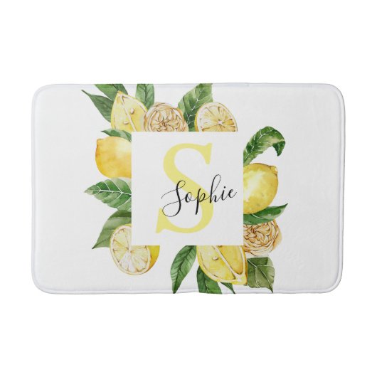 Moderne gele leemons Lijst en bladeren met naam Badmat (Voorkant)