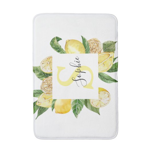 Moderne gele leemons Lijst en bladeren met naam Badmat (Voorkant Verticaal)