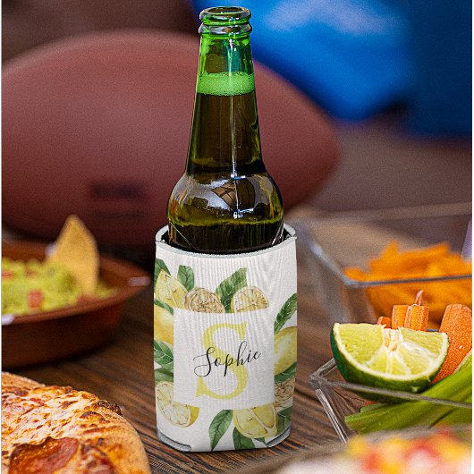 Moderne gele leemons Lijst en bladeren met naam Blikjeskoeler