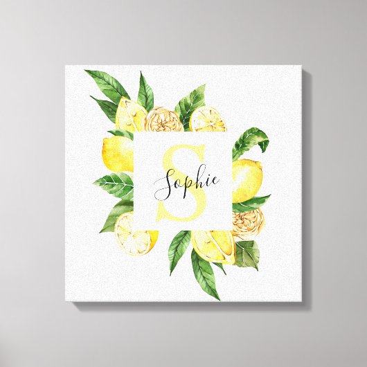 Moderne gele leemons Lijst en bladeren met naam Canvas Afdruk (Voorkant)