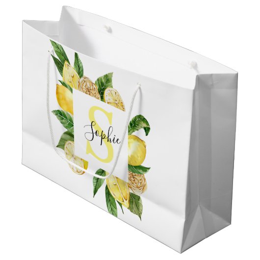 Moderne gele leemons Lijst en bladeren met naam Groot Cadeauzakje (Voorkant Gekanteld)