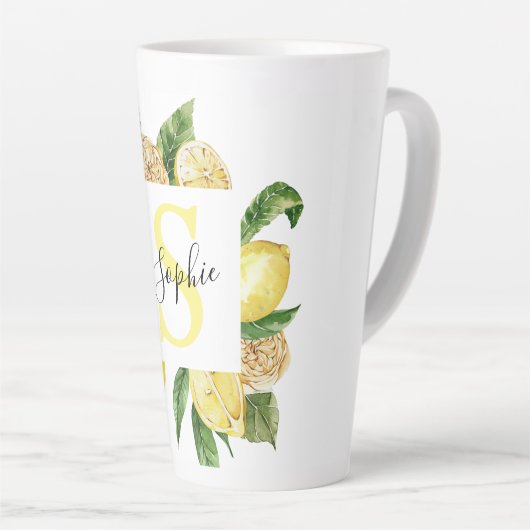 Moderne gele leemons Lijst en bladeren met naam Latte Mok (Rechterhoek)