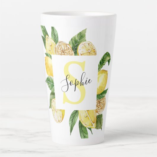 Moderne gele leemons Lijst en bladeren met naam Latte Mok (Voorkant)