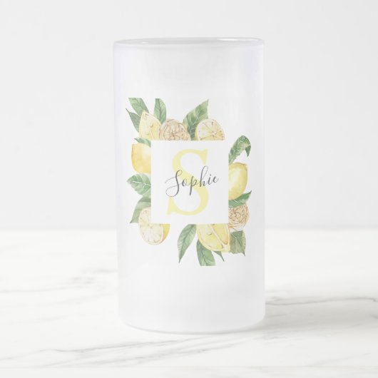 Moderne gele leemons Lijst en bladeren met naam Matglas Bierpul (Center)