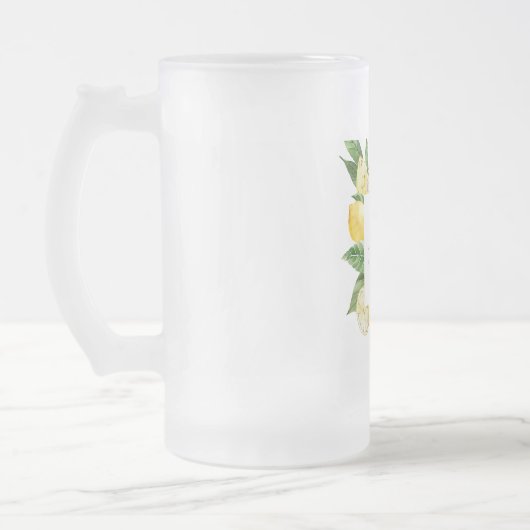 Moderne gele leemons Lijst en bladeren met naam Matglas Bierpul (Links)