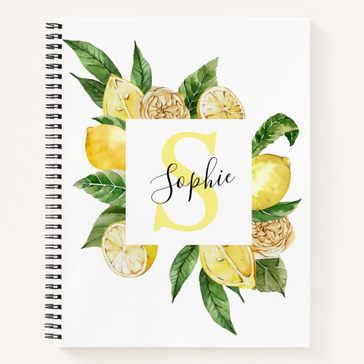 Moderne gele leemons Lijst en bladeren met naam Notitieboek (Voorkant)