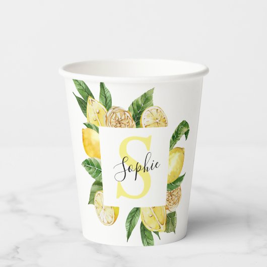 Moderne gele leemons Lijst en bladeren met naam Papieren Bekers (Achterkant)