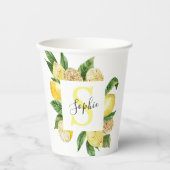 Moderne gele leemons Lijst en bladeren met naam Papieren Bekers (Voorkant)