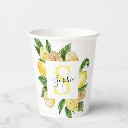 Moderne gele leemons Lijst en bladeren met naam Papieren Bekers (Voorkant)