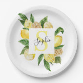 Moderne gele leemons Lijst en bladeren met naam Papieren Bordje (Voorkant)