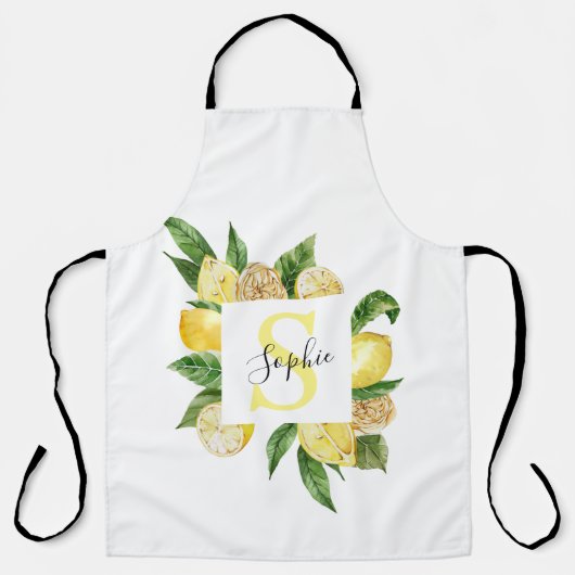 Moderne gele leemons Lijst en bladeren met naam Schort (Voorkant)