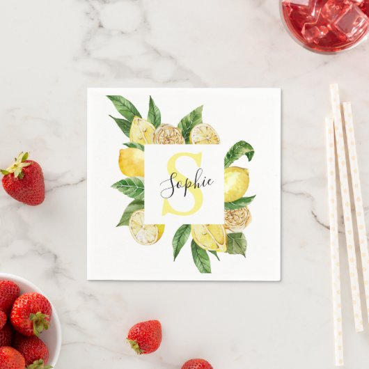 Moderne gele leemons Lijst en bladeren met naam Servet (Insitu)