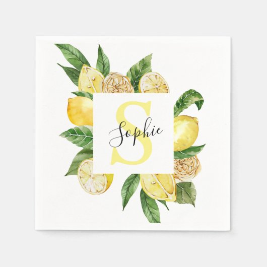 Moderne gele leemons Lijst en bladeren met naam Servet (Voorkant)