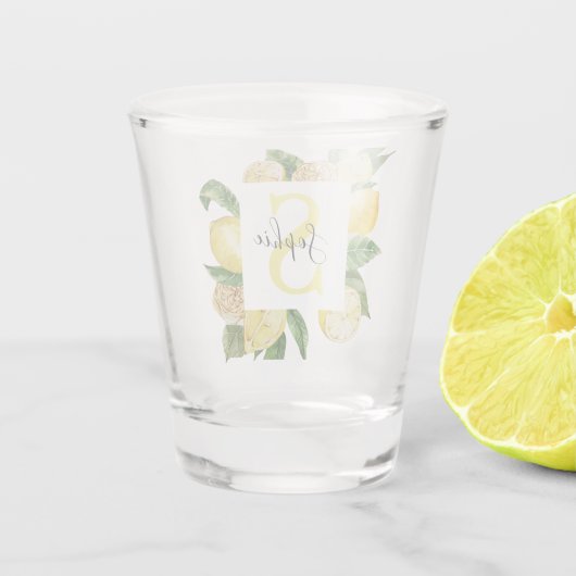 Moderne gele leemons Lijst en bladeren met naam Shot Glas (Achterkant)