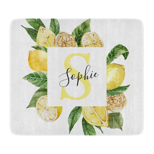 Moderne gele leemons Lijst en bladeren met naam Snijplank (Voorkant)