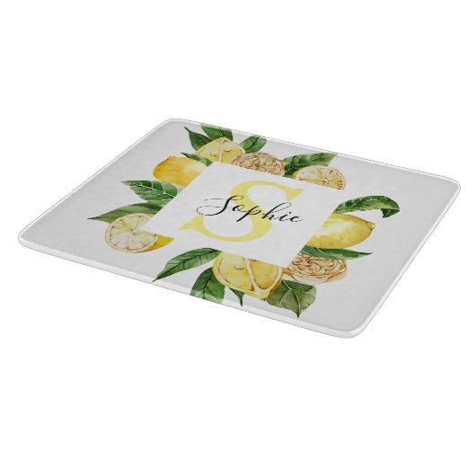 Moderne gele leemons Lijst en bladeren met naam Snijplank (Hoek)