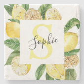 Moderne gele leemons Lijst en bladeren met naam Stenen Onderzetter (Voorkant)