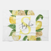 Moderne gele leemons Lijst en bladeren met naam Theedoek (Horizontaal)