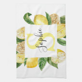 Moderne gele leemons Lijst en bladeren met naam Theedoek (Verticaal)