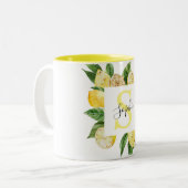 Moderne gele leemons Lijst en bladeren met naam Tweekleurige Koffiemok (Voorkant links)