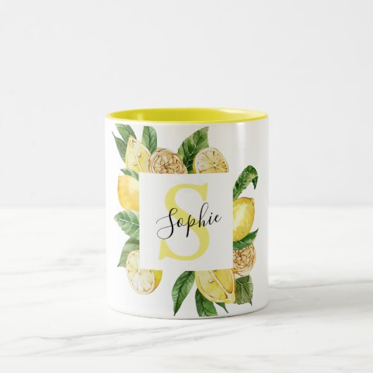 Moderne gele leemons Lijst en bladeren met naam Tweekleurige Koffiemok (Center)