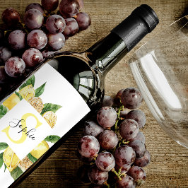 Moderne gele leemons Lijst en bladeren met naam Wijn Etiket