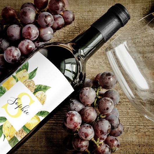 Moderne gele leemons Lijst en bladeren met naam Wijn Etiket