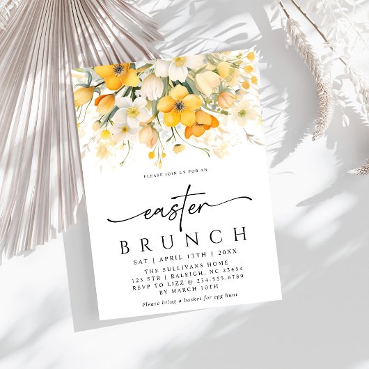 Moderne gele lente bloemige paasbrunch kaart
